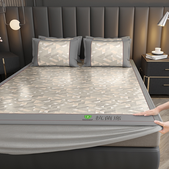 小牛席业 2026新款A加厚款-可机洗抗菌提花冰丝席（床笠款） 抗菌席-魔幻方格-咖色