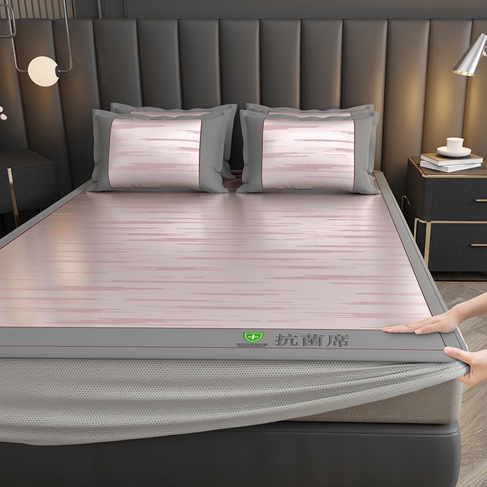 小牛席业 2026新款A加厚款-可机洗抗菌提花冰丝席（床笠款） 抗菌席-流星雨-粉色