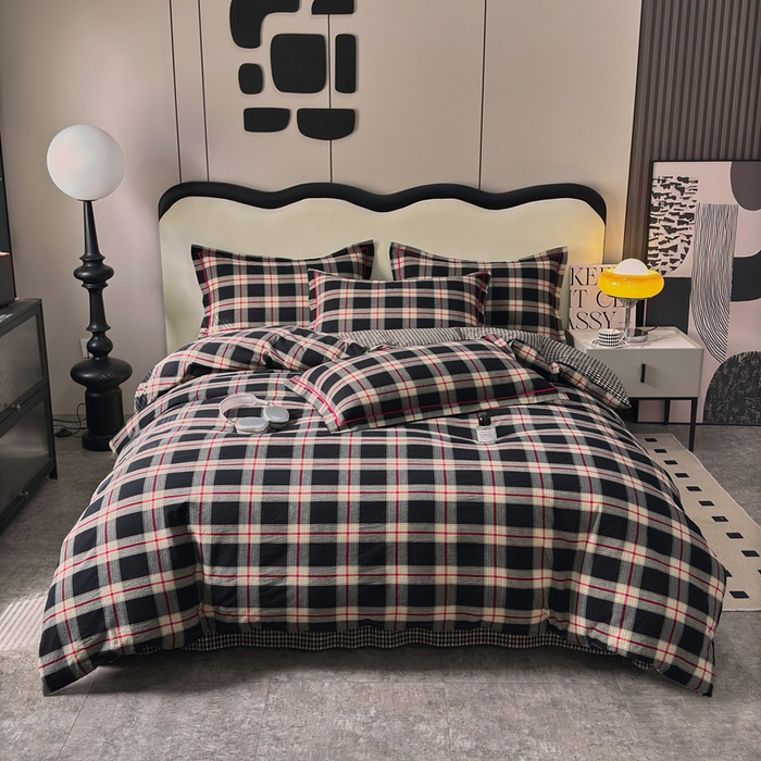 91家纺网 家纺一手货源 找家纺 三沁家居 2025新款格子色织全棉水洗棉四件套直播爆款量大价优 雅韵格调