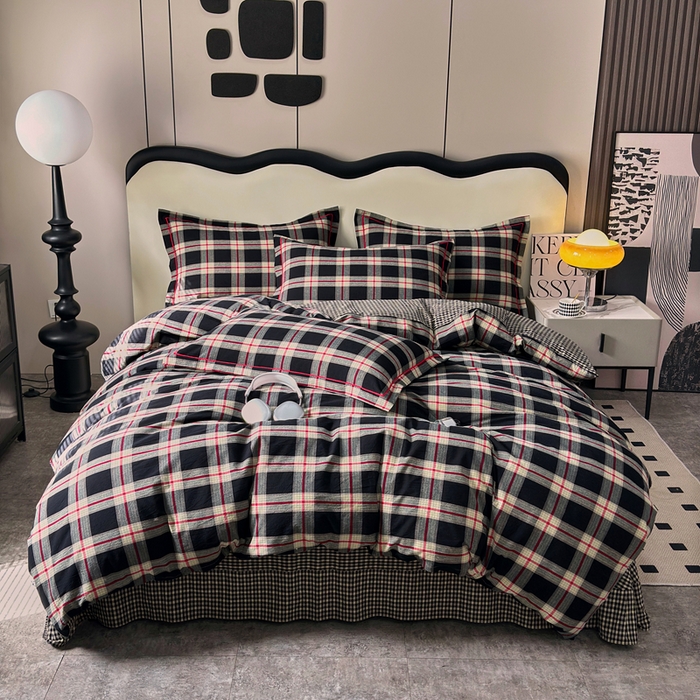 三沁家居 2025新款格子色织全棉水洗棉四件套直播爆款量大价优 雅韵格调