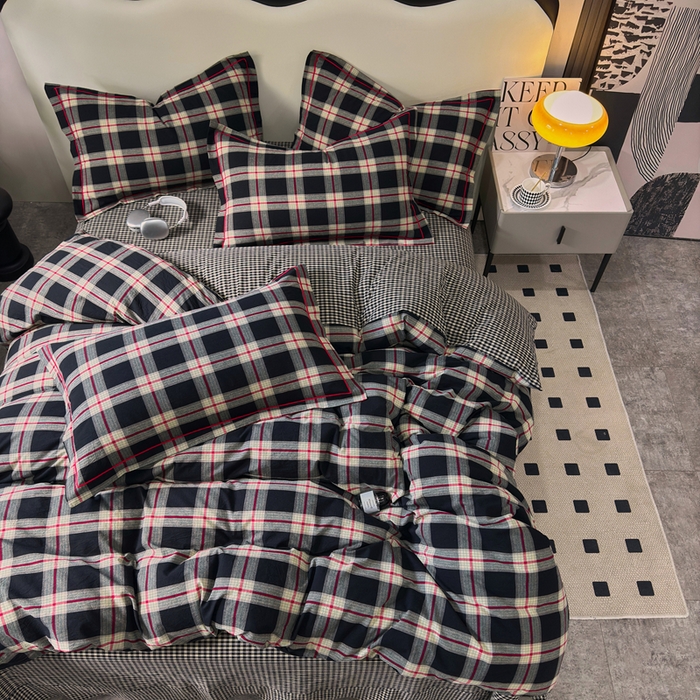 91家纺网 家纺一手货源 找家纺 三沁家居 2025新款格子色织全棉水洗棉四件套直播爆款量大价优 雅韵格调