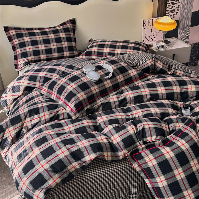 91家纺网 家纺一手货源 找家纺 三沁家居 2025新款格子色织全棉水洗棉四件套直播爆款量大价优 雅韵格调