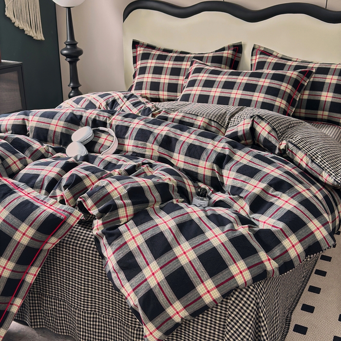 91家纺网 家纺一手货源 找家纺 三沁家居 2025新款格子色织全棉水洗棉四件套直播爆款量大价优 雅韵格调