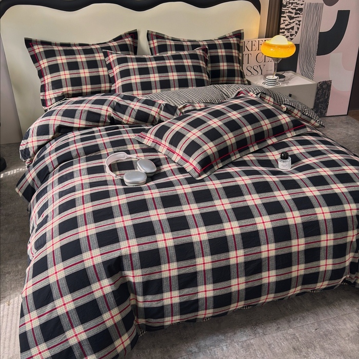 91家纺网 家纺一手货源 找家纺 三沁家居 2025新款格子色织全棉水洗棉四件套直播爆款量大价优 雅韵格调