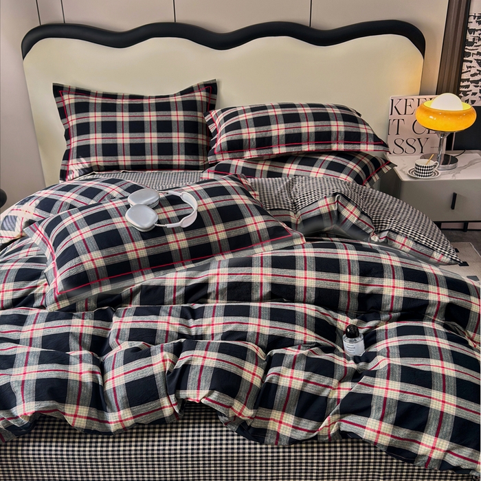 91家纺网 家纺一手货源 找家纺 三沁家居 2025新款格子色织全棉水洗棉四件套直播爆款量大价优 雅韵格调