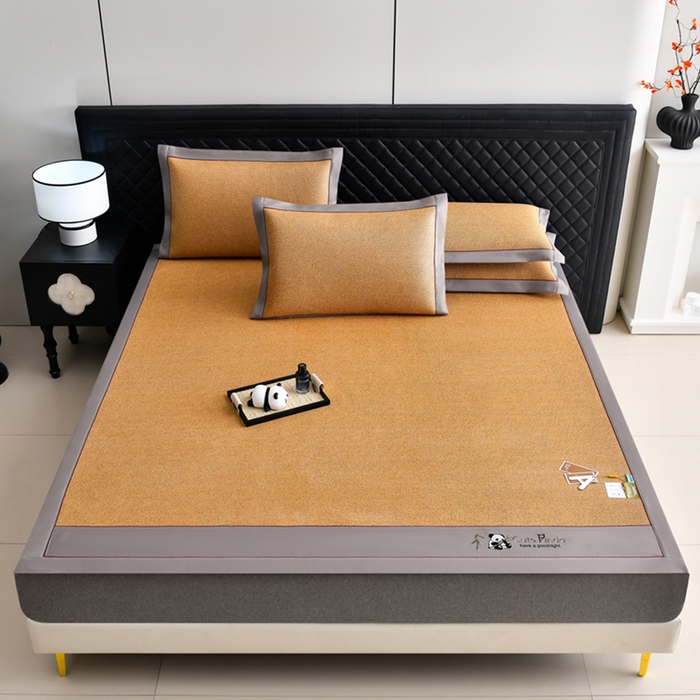 91家纺网 家纺一手货源 找家纺 小牛席业 2026新款3D刺绣印尼藤-熊猫刺绣款（10斤加厚） 黄藤