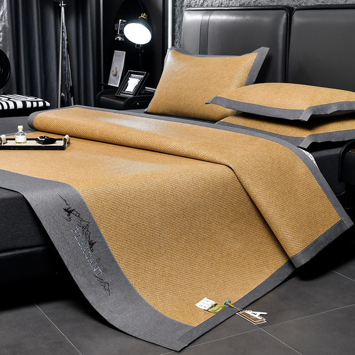 91家纺网 家纺一手货源 找家纺 小牛席业 2026新款3D刺绣印尼藤系列-雪山刺绣款【加厚10斤重】 黄色