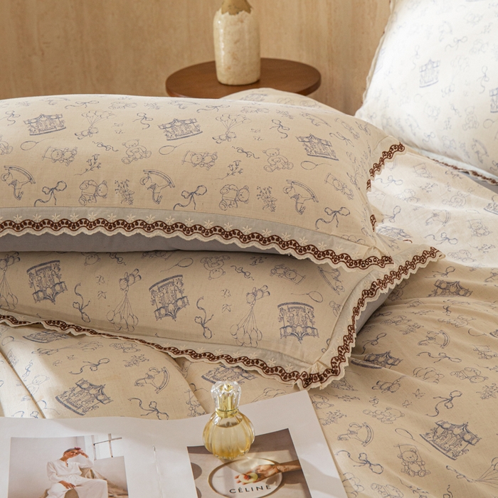 91家纺网 家纺一手货源 找家纺 优米家纺 2026新款棉麻印花四件套 木马乐园