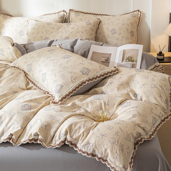 91家纺网 家纺一手货源 找家纺 优米家纺 2026新款棉麻印花四件套 木马乐园