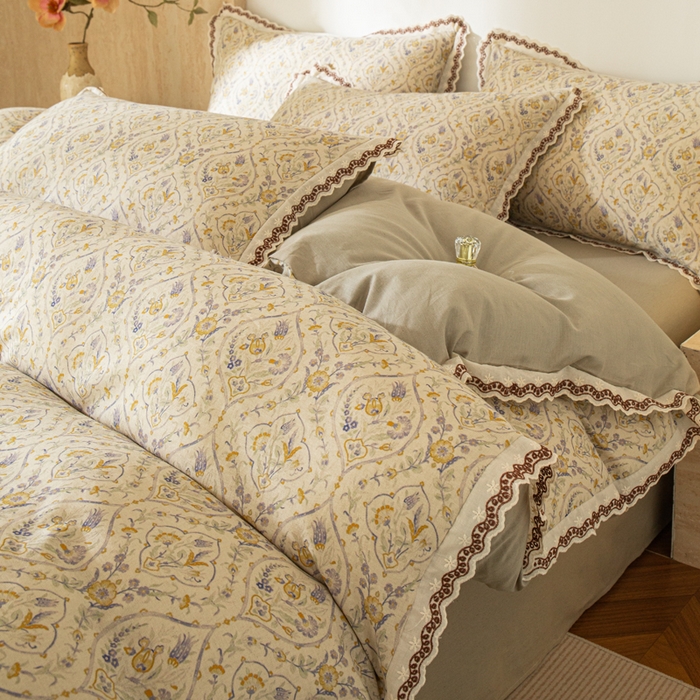 优米家纺 2026新款棉麻印花四件套 蔓叶森语