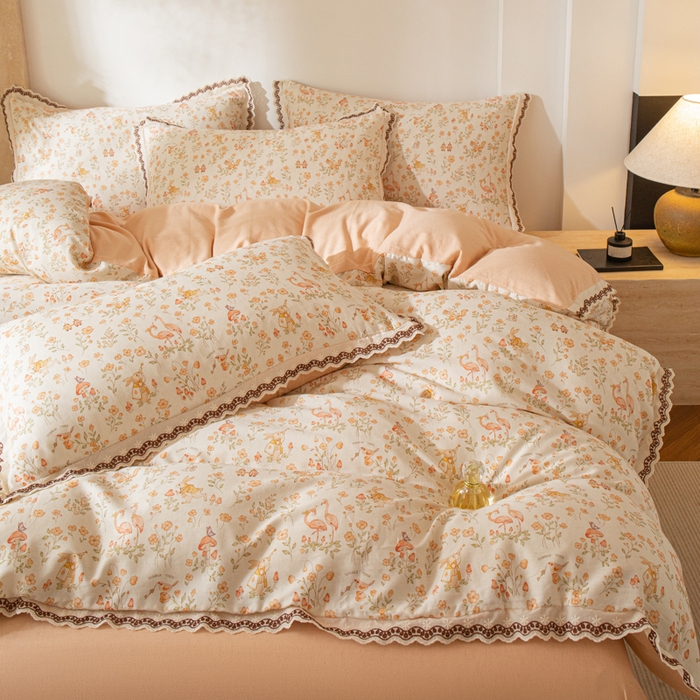 91家纺网 家纺一手货源 找家纺 优米家纺 2026新款棉麻印花四件套 七彩童话