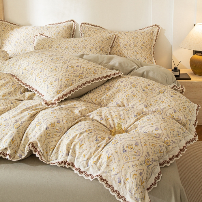 91家纺网 家纺一手货源 找家纺 优米家纺 2026新款棉麻印花四件套 蔓叶森语