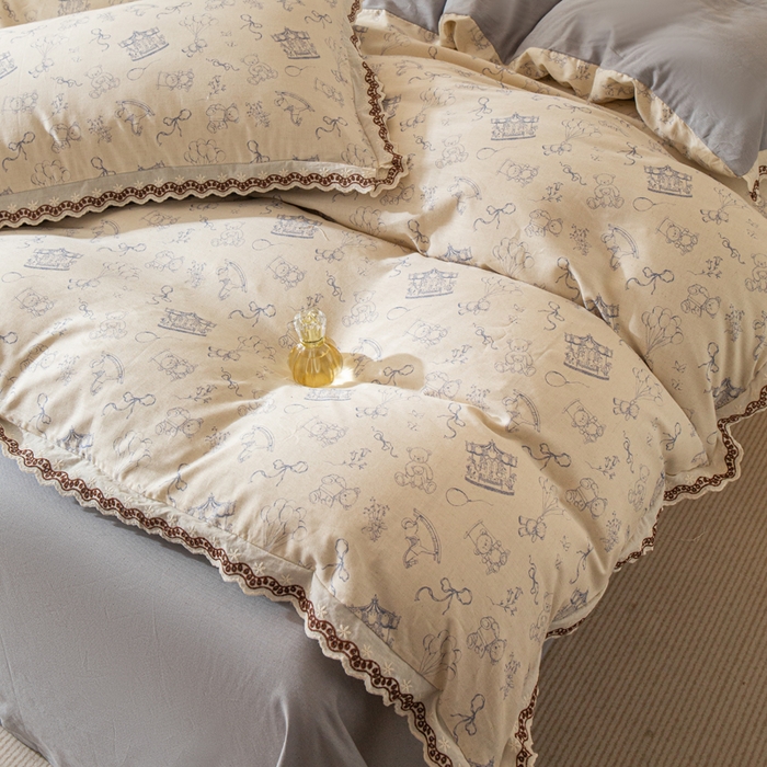 91家纺网 家纺一手货源 找家纺 优米家纺 2026新款棉麻印花四件套 木马乐园