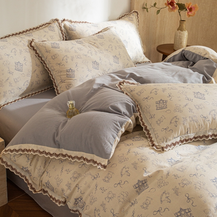 91家纺网 家纺一手货源 找家纺 优米家纺 2026新款棉麻印花四件套 木马乐园