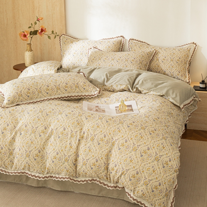 91家纺网 家纺一手货源 找家纺 优米家纺 2026新款棉麻印花四件套 蔓叶森语