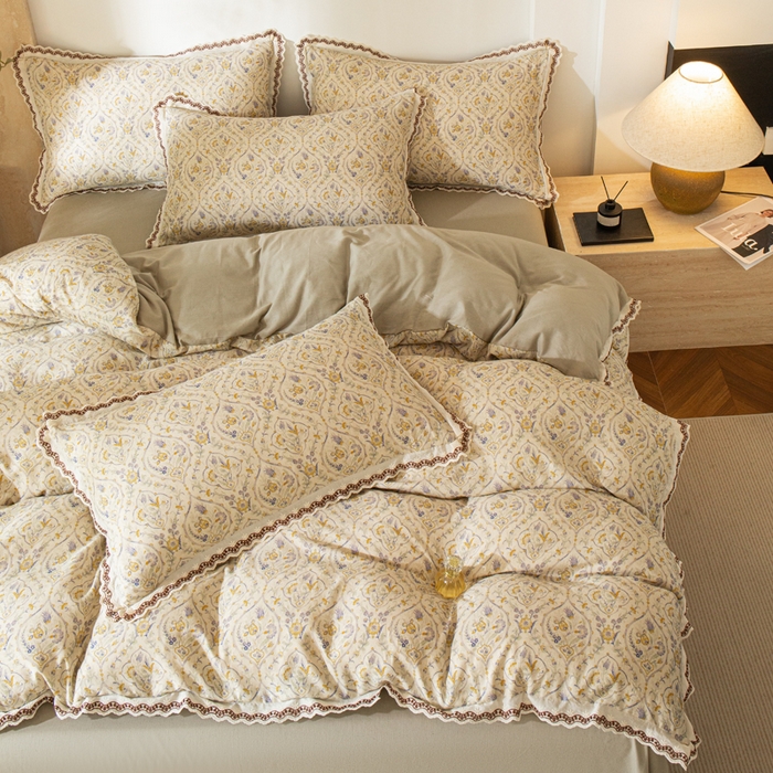 91家纺网 家纺一手货源 找家纺 优米家纺 2026新款棉麻印花四件套 蔓叶森语