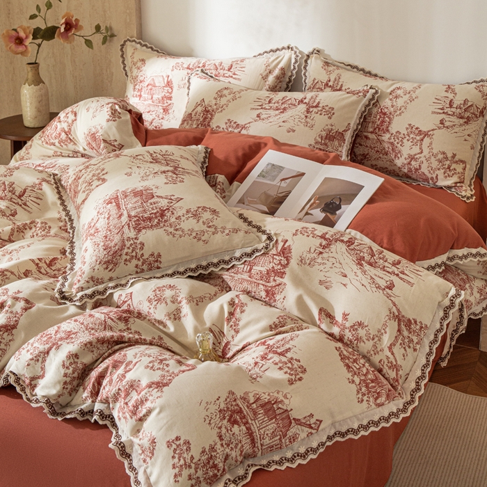 91家纺网 家纺一手货源 找家纺 优米家纺 2026新款棉麻印花四件套 香韵满园