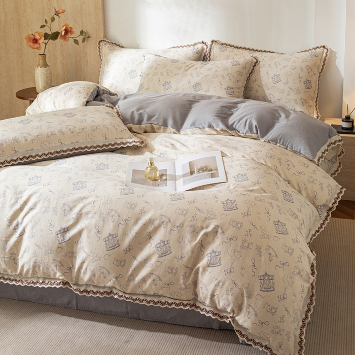 91家纺网 家纺一手货源 找家纺 优米家纺 2026新款棉麻印花四件套 木马乐园