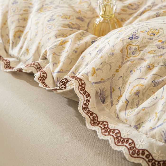 91家纺网 家纺一手货源 找家纺 优米家纺 2026新款棉麻印花四件套 蔓叶森语