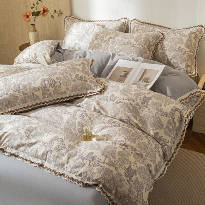 91家纺网 家纺一手货源 找家纺 优米家纺 2026新款棉麻印花四件套 夜曲