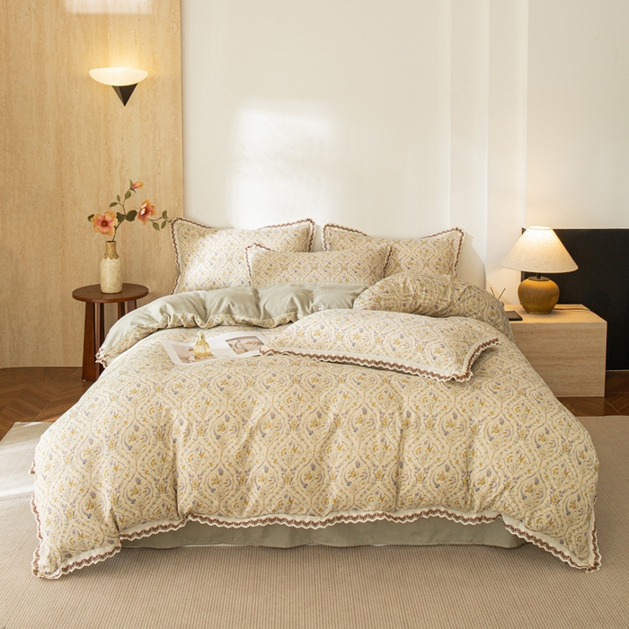 91家纺网 家纺一手货源 找家纺 优米家纺 2026新款棉麻印花四件套 蔓叶森语