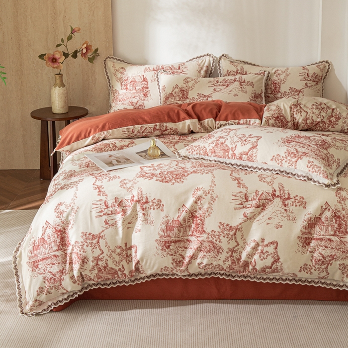 91家纺网 家纺一手货源 找家纺 优米家纺 2026新款棉麻印花四件套 香韵满园