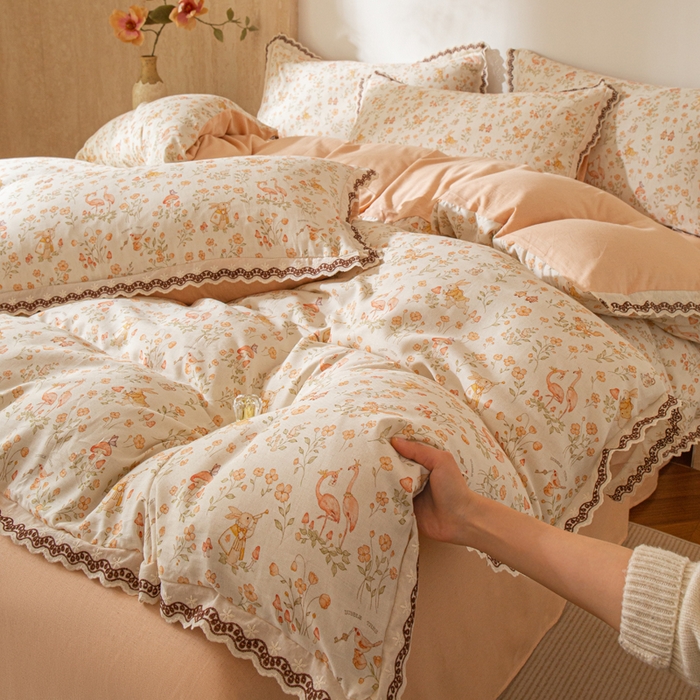 91家纺网 家纺一手货源 找家纺 优米家纺 2026新款棉麻印花四件套 七彩童话