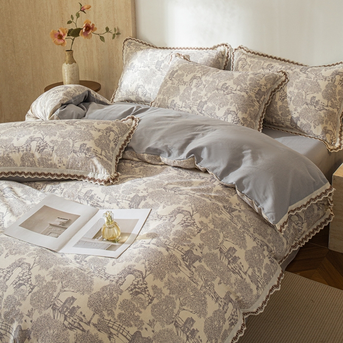 91家纺网 家纺一手货源 找家纺 优米家纺 2026新款棉麻印花四件套 夜曲