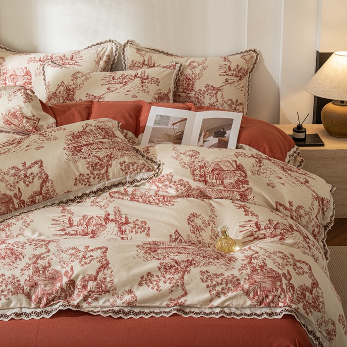 91家纺网 家纺一手货源 找家纺 优米家纺 2026新款棉麻印花四件套 香韵满园