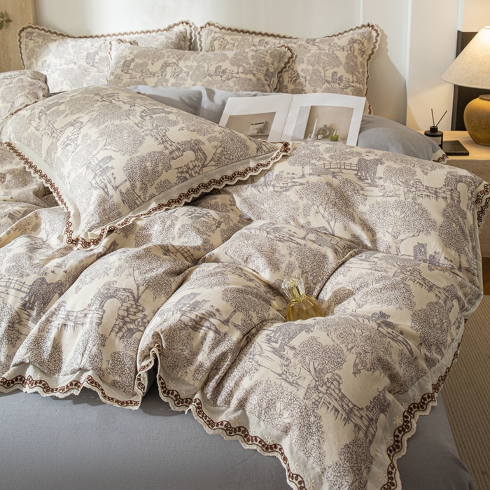 91家纺网 家纺一手货源 找家纺 优米家纺 2026新款棉麻印花四件套 夜曲