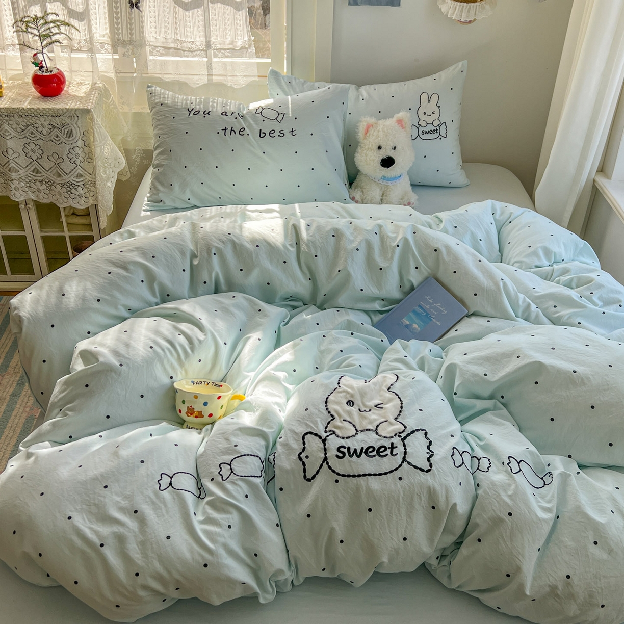 91家纺网 家纺一手货源 找家纺 （总）贝凯瑞 2026新款仿棉木棉水洗棉绣花ins小清新床裙床单款四件套-糖果兔系列