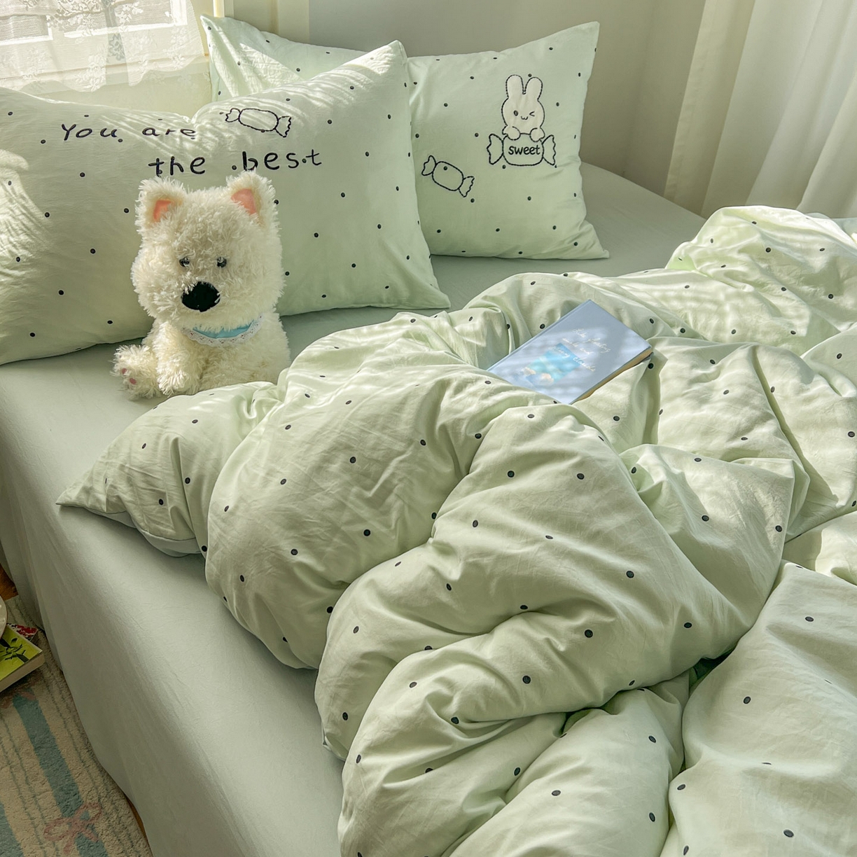 91家纺网 家纺一手货源 找家纺 贝凯瑞 2026新款仿棉木棉水洗棉绣花ins小清新床裙床单款四件套-糖果兔系列 糖果兔-薄荷绿
