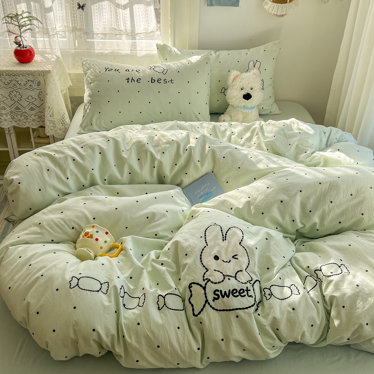91家纺网 家纺一手货源 找家纺 贝凯瑞 2026新款仿棉木棉水洗棉绣花ins小清新床裙床单款四件套-糖果兔系列 糖果兔-薄荷绿