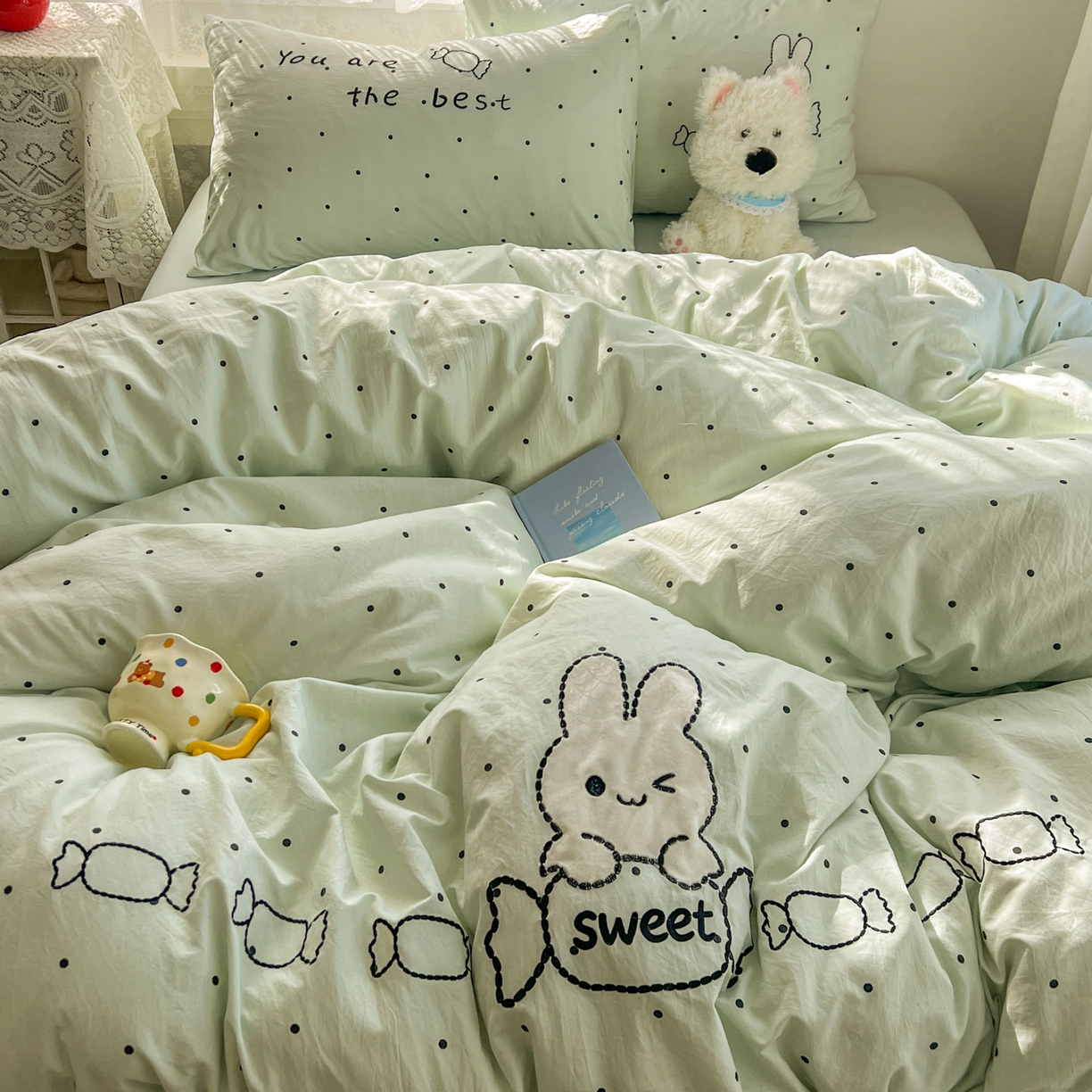 91家纺网 家纺一手货源 找家纺 贝凯瑞 2026新款仿棉木棉水洗棉绣花ins小清新床裙床单款四件套-糖果兔系列 糖果兔-薄荷绿