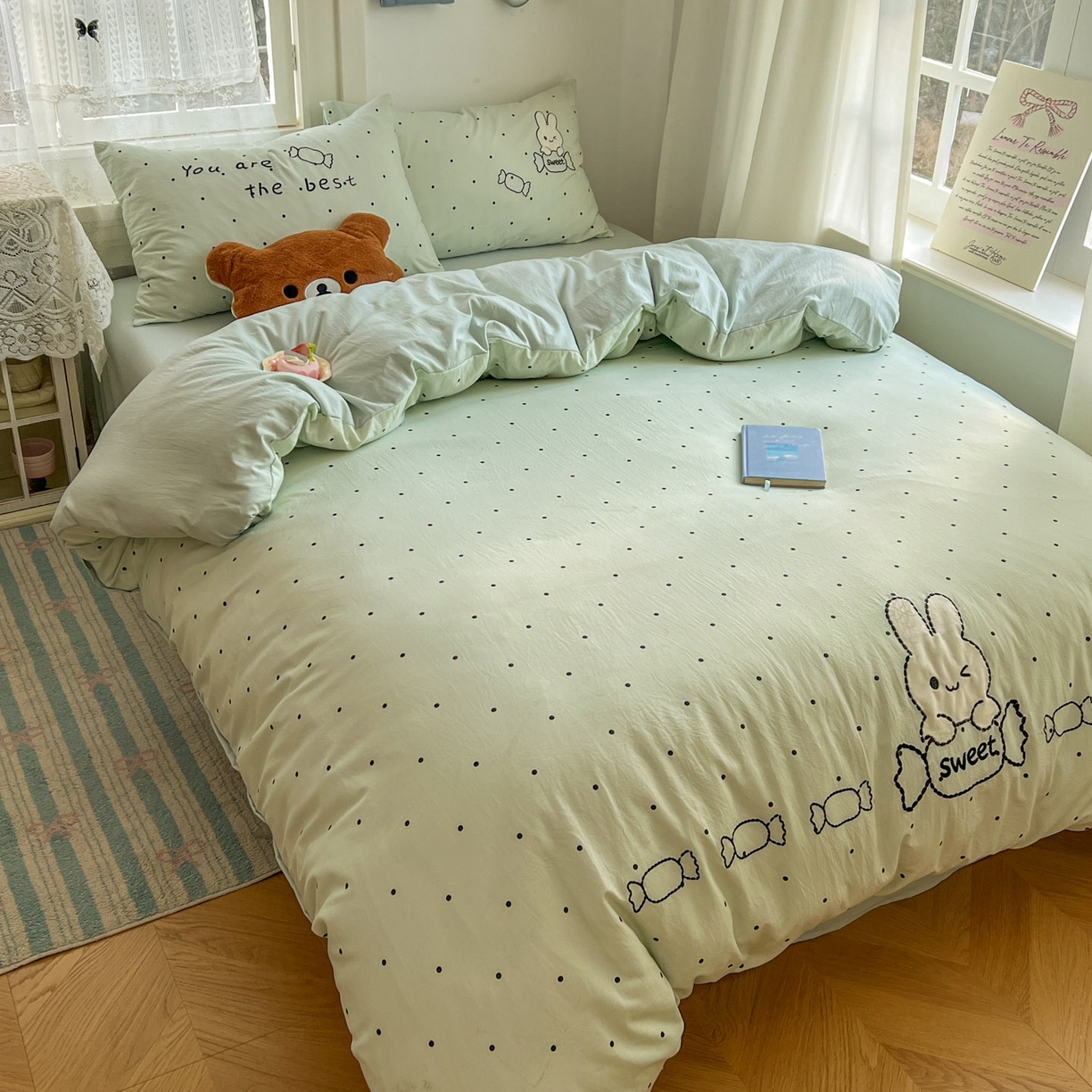 91家纺网 家纺一手货源 找家纺 贝凯瑞 2026新款仿棉木棉水洗棉绣花ins小清新床裙床单款四件套-糖果兔系列 糖果兔-薄荷绿