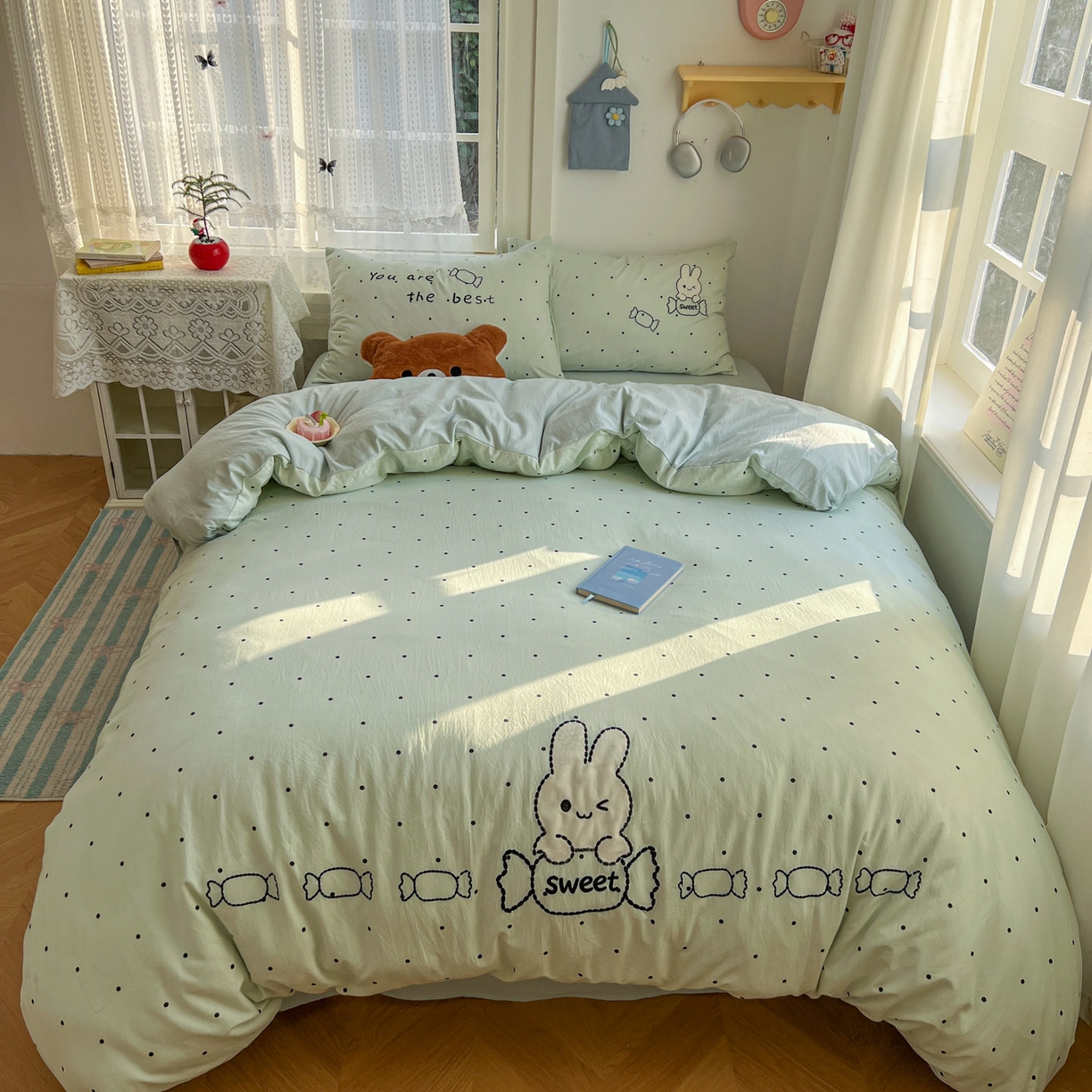 91家纺网 家纺一手货源 找家纺 贝凯瑞 2026新款仿棉木棉水洗棉绣花ins小清新床裙床单款四件套-糖果兔系列 糖果兔-薄荷绿