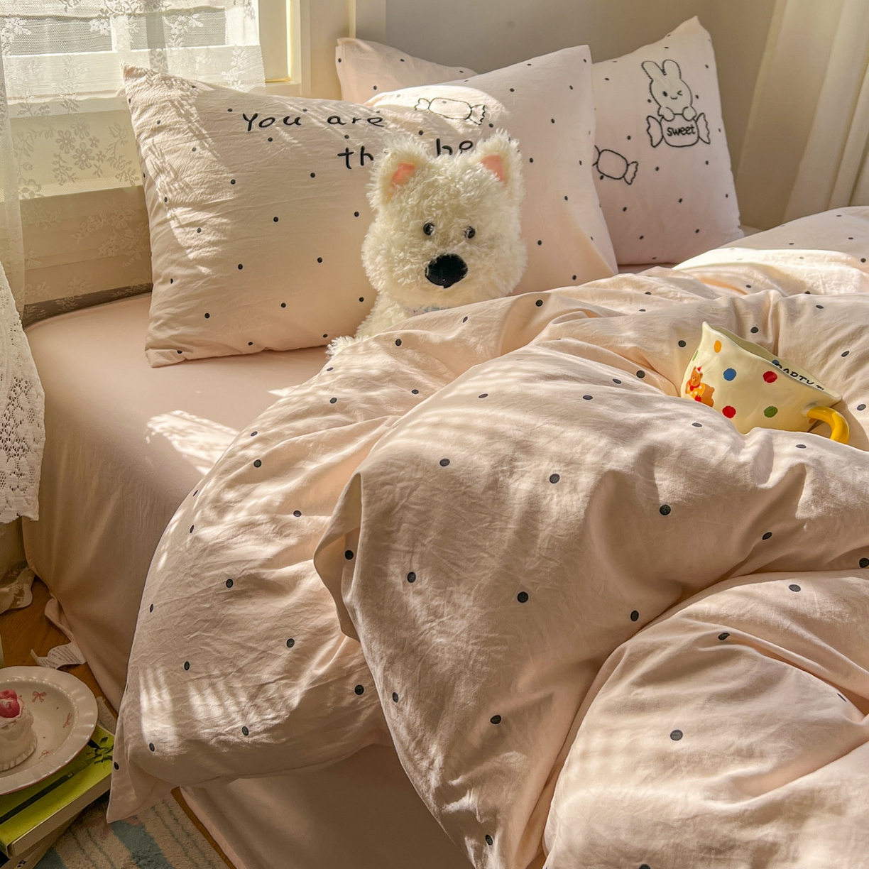 91家纺网 家纺一手货源 找家纺 贝凯瑞 2026新款仿棉木棉水洗棉绣花ins小清新床裙床单款四件套-糖果兔系列 糖果兔-糯米玉