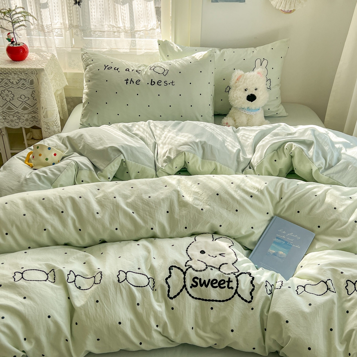 91家纺网 家纺一手货源 找家纺 贝凯瑞 2026新款仿棉木棉水洗棉绣花ins小清新床裙床单款四件套-糖果兔系列 糖果兔-薄荷绿