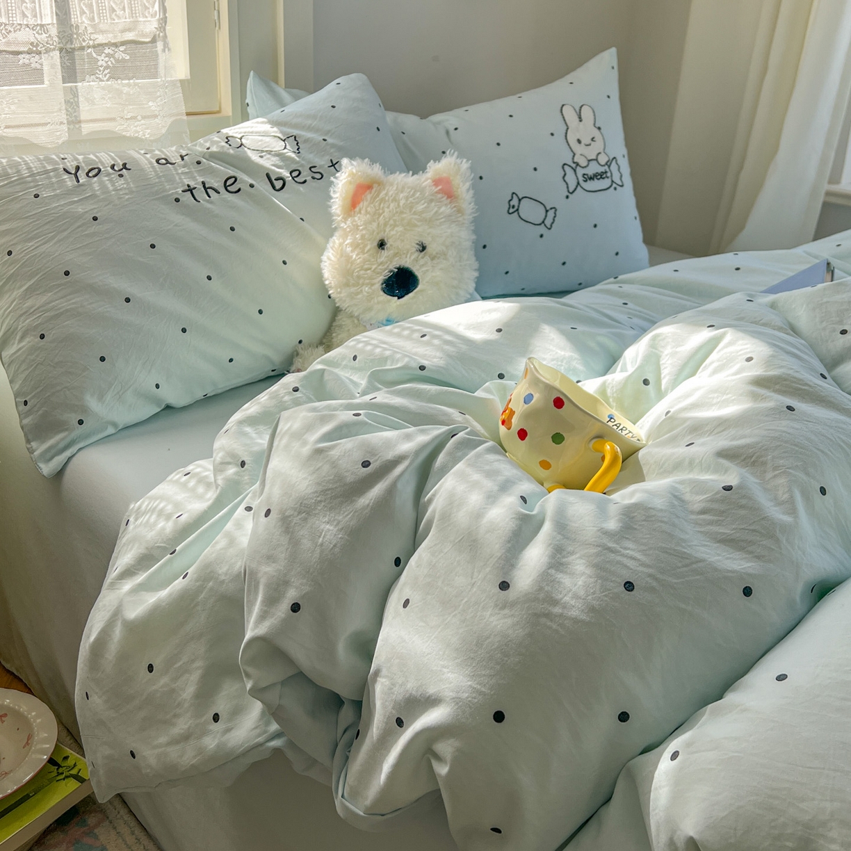 91家纺网 家纺一手货源 找家纺 贝凯瑞 2026新款仿棉木棉水洗棉绣花ins小清新床裙床单款四件套-糖果兔系列 糖果兔-天空蓝