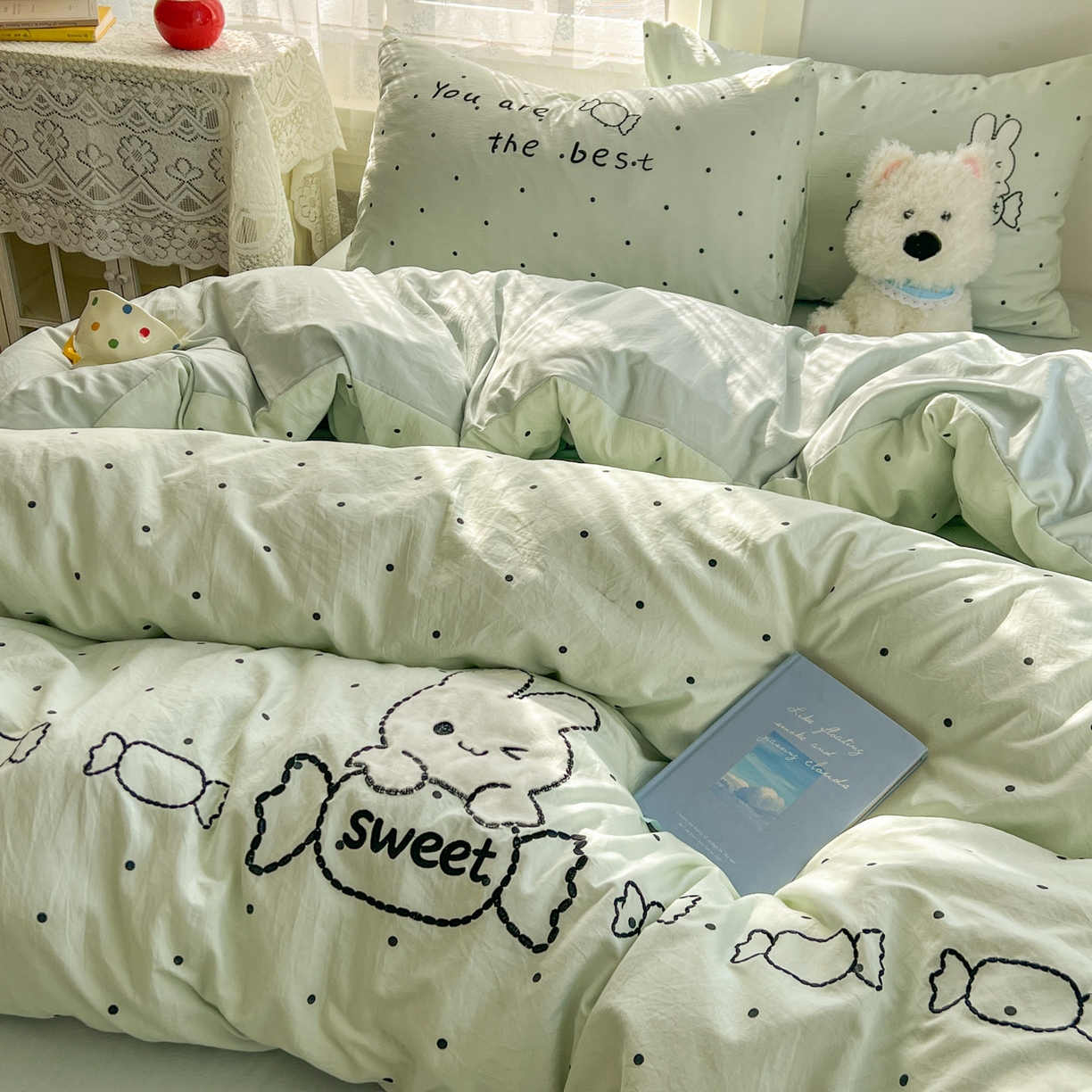 91家纺网 家纺一手货源 找家纺 贝凯瑞 2026新款仿棉木棉水洗棉绣花ins小清新床裙床单款四件套-糖果兔系列 糖果兔-薄荷绿