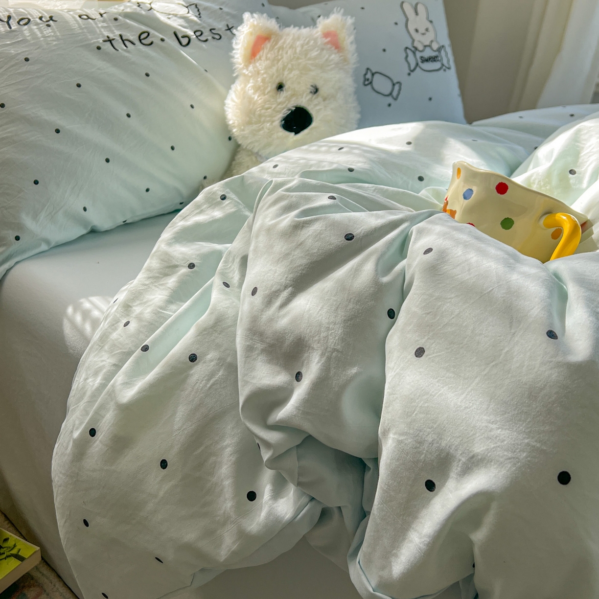 91家纺网 家纺一手货源 找家纺 贝凯瑞 2026新款仿棉木棉水洗棉绣花ins小清新床裙床单款四件套-糖果兔系列 糖果兔-天空蓝