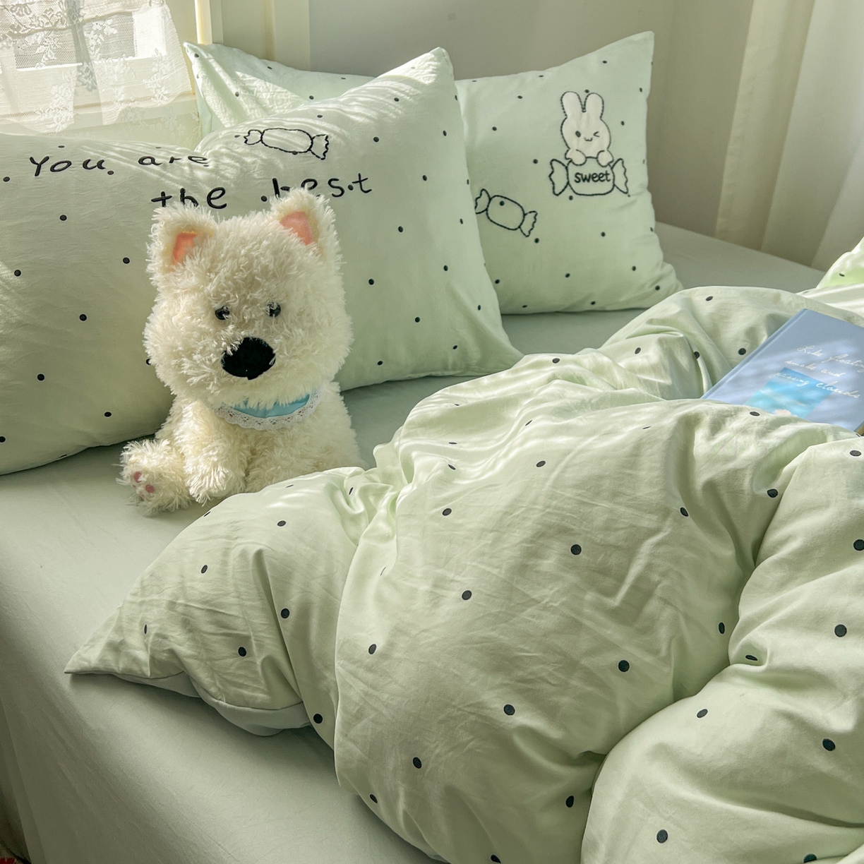 91家纺网 家纺一手货源 找家纺 贝凯瑞 2026新款仿棉木棉水洗棉绣花ins小清新床裙床单款四件套-糖果兔系列 糖果兔-薄荷绿