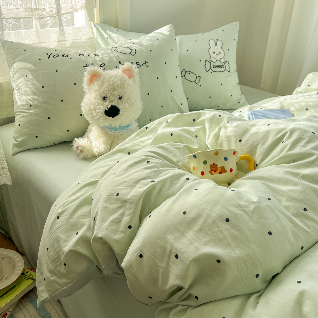 91家纺网 家纺一手货源 找家纺 贝凯瑞 2026新款仿棉木棉水洗棉绣花ins小清新床裙床单款四件套-糖果兔系列 糖果兔-薄荷绿