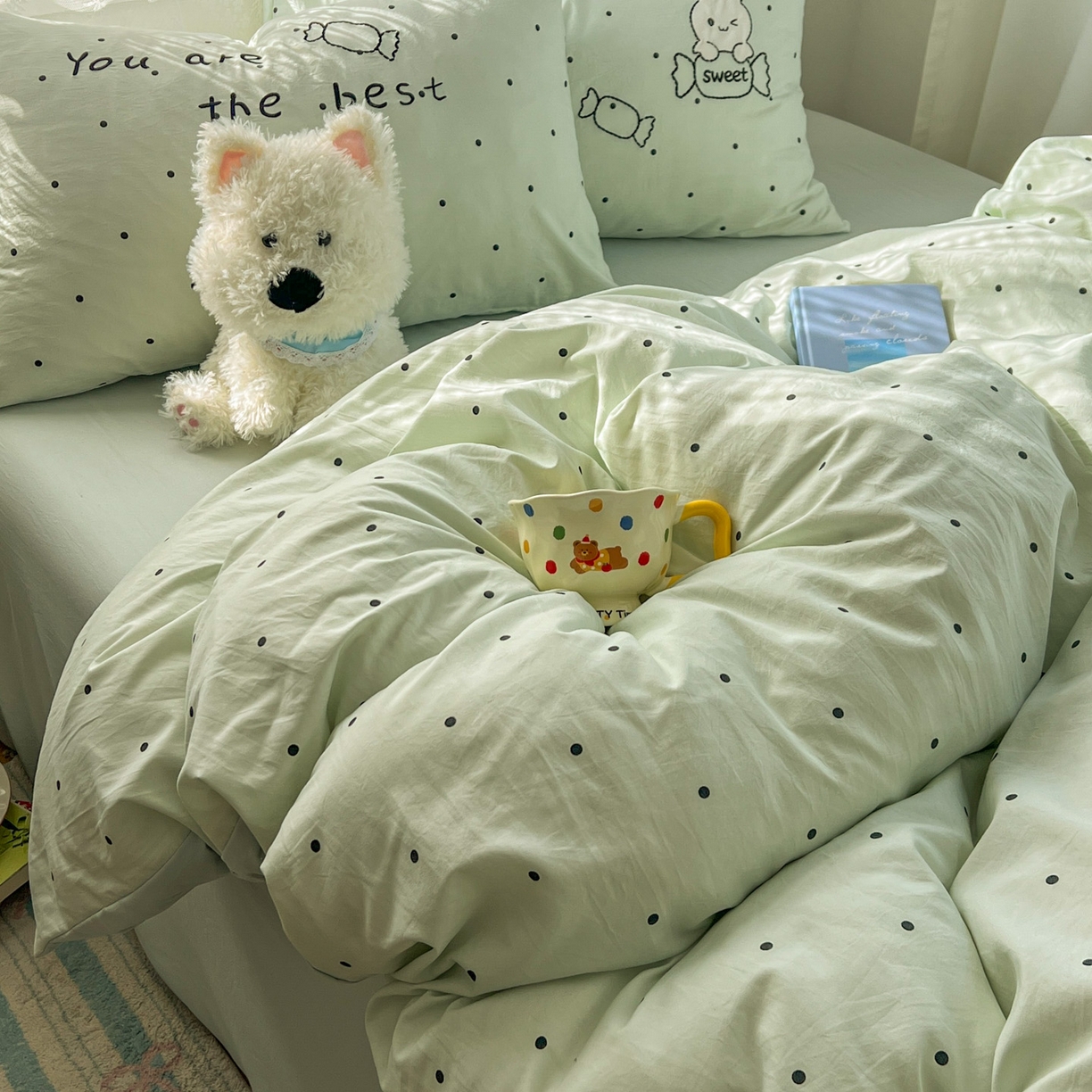 91家纺网 家纺一手货源 找家纺 贝凯瑞 2026新款仿棉木棉水洗棉绣花ins小清新床裙床单款四件套-糖果兔系列 糖果兔-薄荷绿