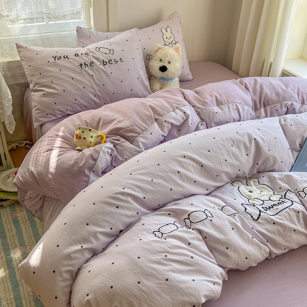 91家纺网 家纺一手货源 找家纺 贝凯瑞 2026新款仿棉木棉水洗棉绣花ins小清新床裙床单款四件套-糖果兔系列 糖果兔-芋泥紫