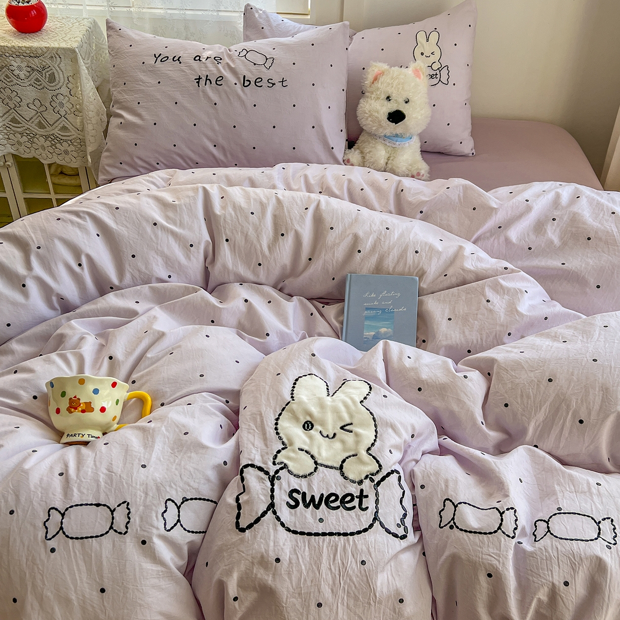 贝凯瑞 2026新款仿棉木棉水洗棉绣花ins小清新床裙床单款四件套-糖果兔系列 糖果兔-芋泥紫