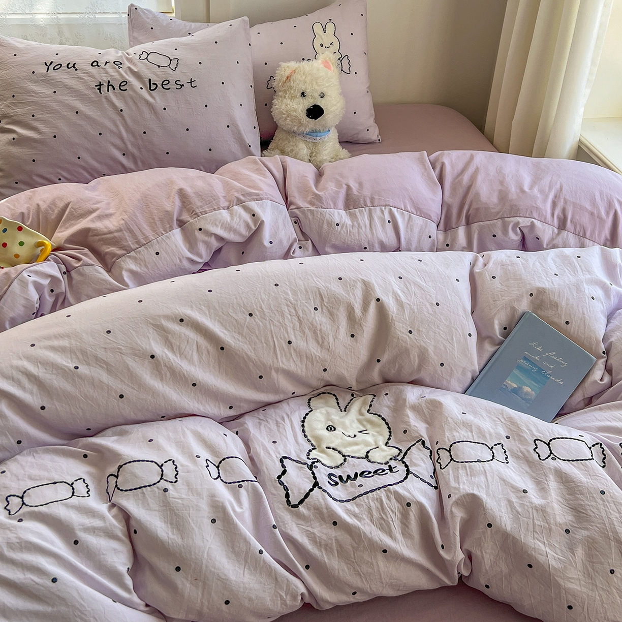 91家纺网 家纺一手货源 找家纺 贝凯瑞 2026新款仿棉木棉水洗棉绣花ins小清新床裙床单款四件套-糖果兔系列 糖果兔-芋泥紫