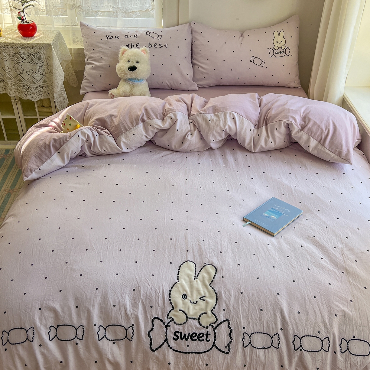 91家纺网 家纺一手货源 找家纺 贝凯瑞 2026新款仿棉木棉水洗棉绣花ins小清新床裙床单款四件套-糖果兔系列 糖果兔-芋泥紫