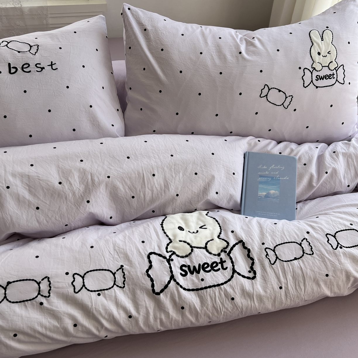 91家纺网 家纺一手货源 找家纺 贝凯瑞 2026新款仿棉木棉水洗棉绣花ins小清新床裙床单款四件套-糖果兔系列 糖果兔-芋泥紫