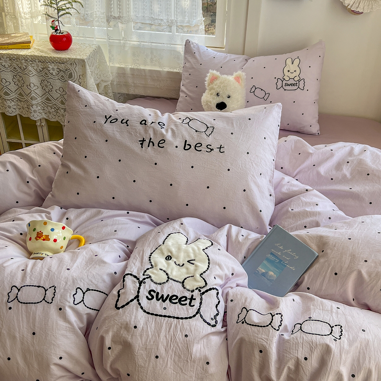 91家纺网 家纺一手货源 找家纺 贝凯瑞 2026新款仿棉木棉水洗棉绣花ins小清新床裙床单款四件套-糖果兔系列 糖果兔-芋泥紫